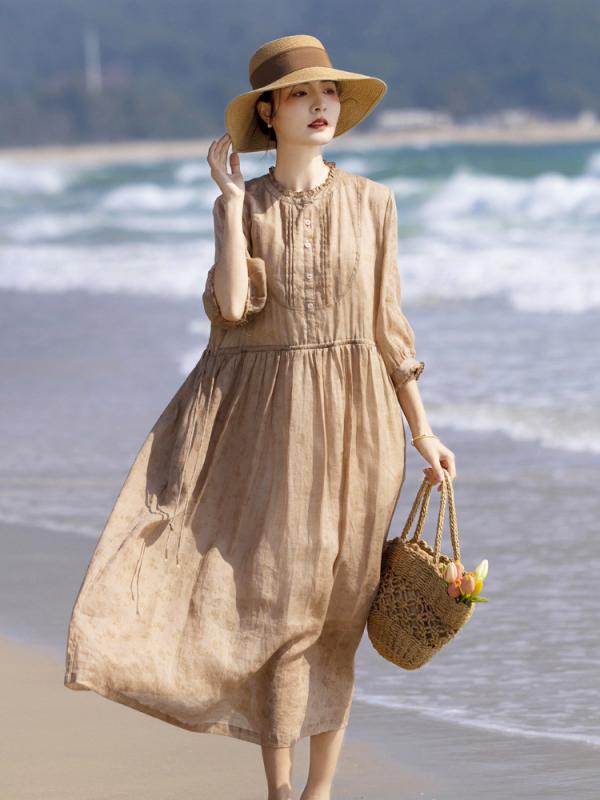 樂天商城 - ワンピース レディース 春夏 七分袖 葉っぱ型袖 花辺領 燃え花柄 苎麻 復古ロングドレス 軽量 通気性 ナチュラル素材 ミドル丈 フレアシルエット 花柄プリント 女性用 日常使い 涼しい 綿混 ベージュ系 グリーン系