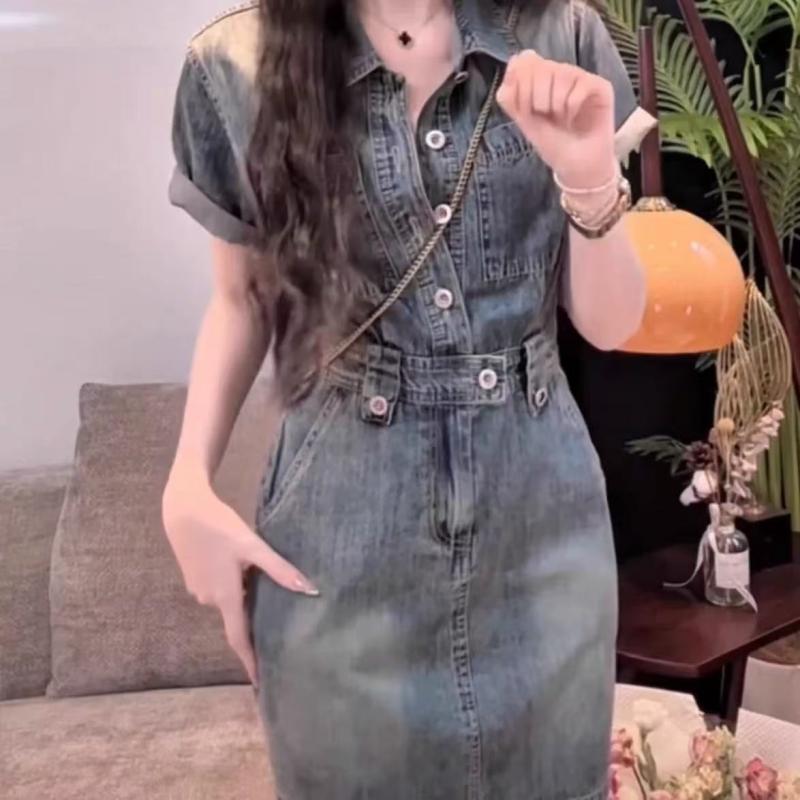 원피스 레이디스 봄 여름 쇠고기 데님 직물 짧은 소매 복고 디자인 감 백탑 스타일 몸집이 작은 여성용 수요 허리 디자인 슬림 효과 공장 밀리터리 A 자 스커트 실루엣 무릎 위 길이 경량 통근 평상시 사용 캐주얼 코데