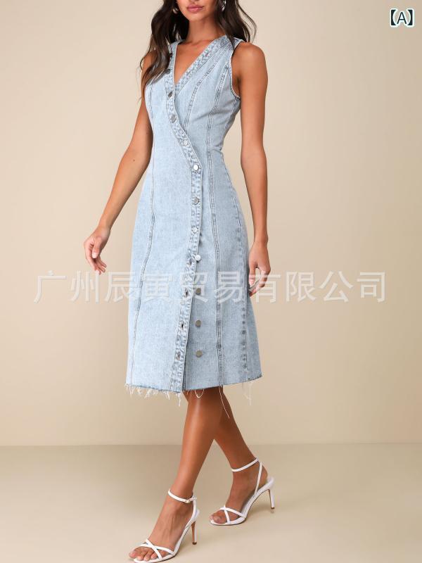 Rakuten - ワンピース レディース 夏 春夏 無袖 デニム 洗い加工 通勤用 ストリートファッション 休闲スタイル セクシー ビッグシルエット 再生繊維 伸縮性 吸湿速乾 軽量 ブラック ピンク系 アイボリー 普段使い アウトドア 接触冷感