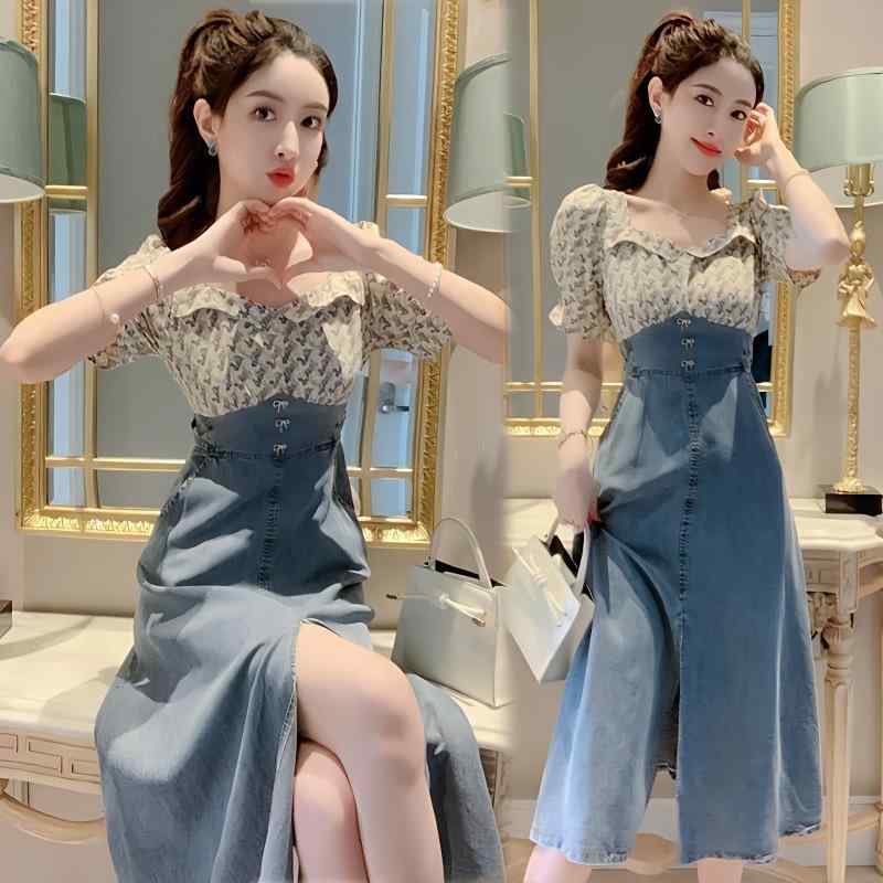 樂天商城 - ワンピース ロング丈 ラウンドネック デニム 切り替え 女性用 夏用 ウエスト切り替え 軽量 伸縮性 通勤用 普段使い 部屋着 ハイウエスト ビッグシルエット ブラック ピンク系 アイボリー 綿 麻 再生繊維 接触冷感 吸湿速乾 高級感 性 お姫様