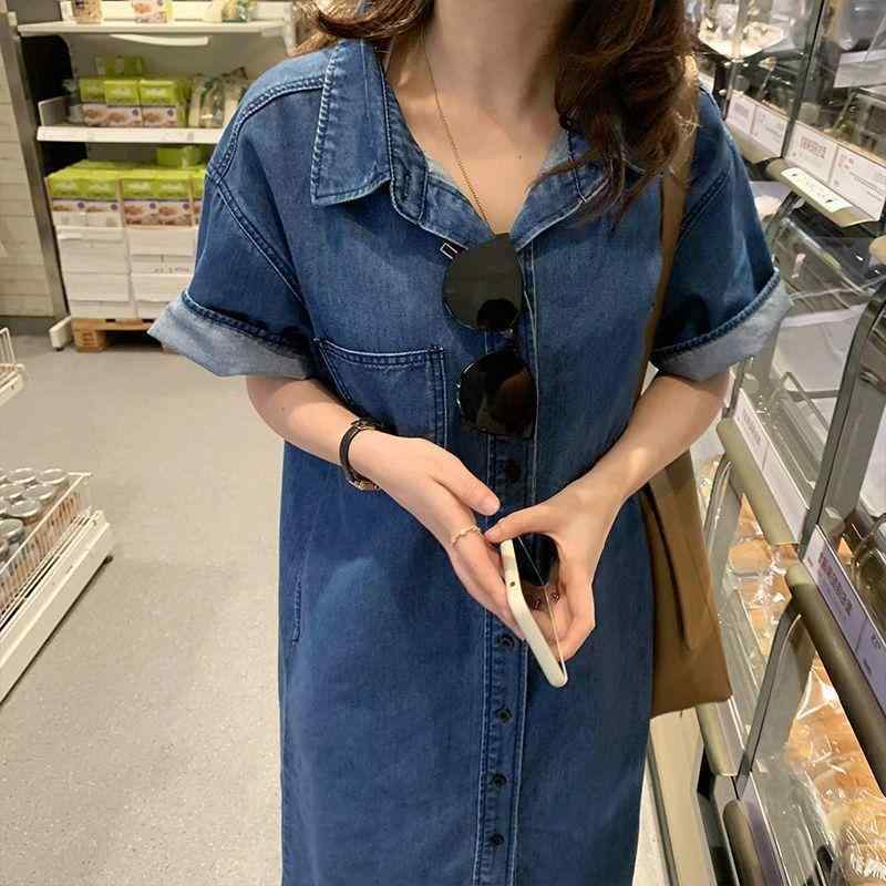 ワンピース 女性用 春夏 デニム ロングスカート 短袖 ミドル丈 ウエスト切り替え 収縮性 軽量 吸湿速乾 遮瑕 クラシックスタイル 普段使い 通勤 カジュアル 膝下丈 フレアシルエット ブルー系