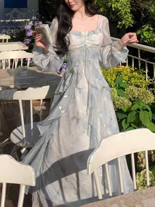 ワンピース 女性用 長袖 長め グレー ブルー グラデーション 仙女 蝶 ゴールド プリント フリル 袖口 デザイン 秋冬 伸縮性 柔らかい ..