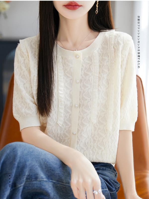 乐天商城 - カーディガン 女性用 短袖トップス 春夏 桑蚕絲 接触冷感 16針 丸首 レース 花柄 軽量 通勤 普段使い 切り替え ピンク系 アイボリー 吸湿速乾 伸縮性 高級感
