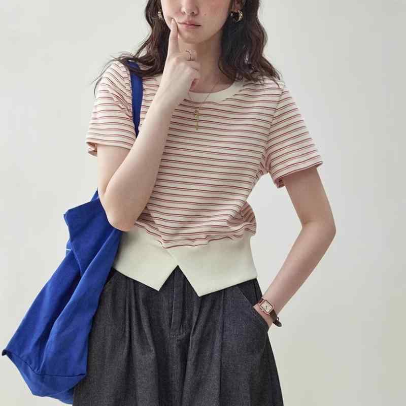 Tシャツ レディース かわいい 赤 ストライプ 収腰 短め 夏 春夏 開叉 短袖 トップス 女性用 軽量 綿混 吸湿速乾 ビッグシルエット 通勤 普段使い