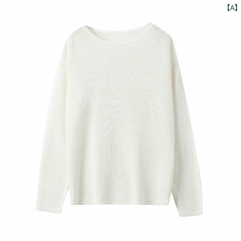 ニットトップス レディース 薄手 紙ヤーン キャンディーカラー 丸首 長袖 春夏 ゆるいシルエット ファッション コーディネート 普段使い 軽量 綿混 吸湿速乾 伸縮性 ピンク系 アイボリー ブラック カジュアルスタイル