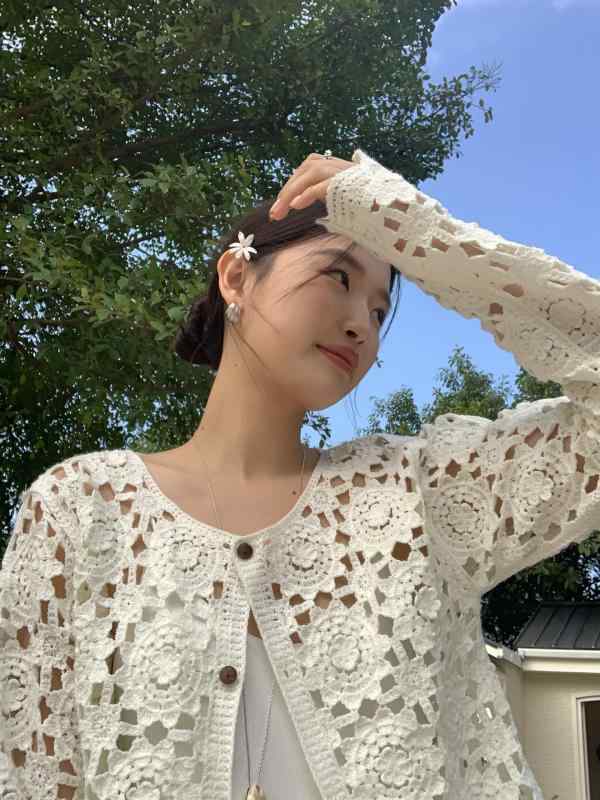 ニット カーディガン 女性用 レース 刺繍 ラウンドネック 長袖 トップス シンプル ...