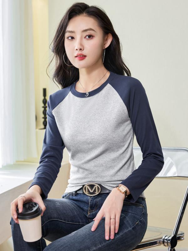 乐天商城 - トップス レディース 春夏 長袖 Tシャツ 女性用 コットン 切り替え デザイン 丸首 インナー シャツ ファッション 普段使い 軽量 伸縮性 吸湿速乾 通勤 外出 カジュアル スタイル ブラック グレー ピンク アイボリー