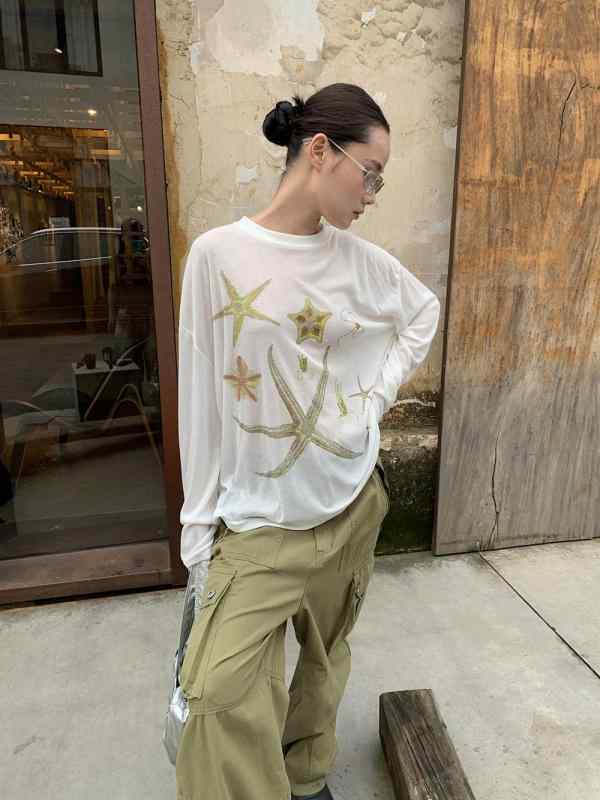 Tシャツ 女性用 春夏 慵懒 度假 海星 刺繍 長袖 軽薄 トップス 接触冷感 綿素材 ゆったりシルエット ビーチウェア ラウンジウェア カジュアル ブラック ピンク系 アイボリー