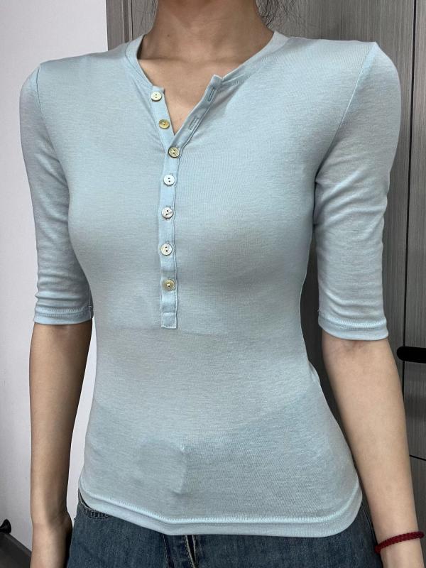 樂天商城 - Tシャツ 女性用 天竺 羊毛 再生繊維 高弾性 夏 薄手 スリムフィット 七分袖 トップス 快適 通気性 スリム効果 純色 伸縮性 軽量 吸湿速乾 春夏 普段使い ブラウス コットン 混紡