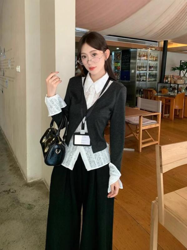 乐天商城 - 長袖 ポロシャツ トップス 秋冬 レディース 修身 スリム フィット フェイクツーピース 別緻 綿混 素材 軽量 伸縮性 ブラック グレー ネイビー 通勤 普段使い カジュアル スタイル