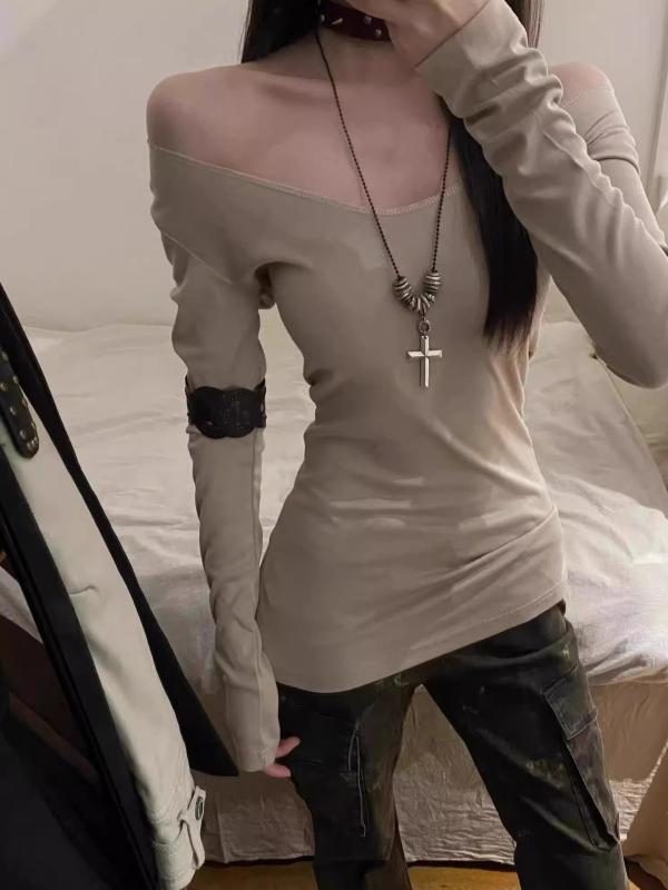 Rakuten - ロングスリーブ Tシャツ 女性用 秋 秋冬 スリムフィット ウエストシェイプ インナー トップス レイヤリング コットン 軽量 伸縮性 ブラック グレー ベージュ カジュアル 普段使い 通勤