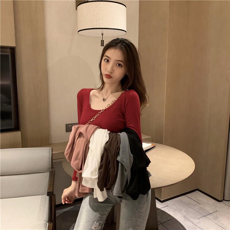 Three-Quarter - トップス 女性用 低めラウンドネック 秋冬 修身 ブラック インナー 長袖 Tシャツ 学生向け インス 洋気 少女用 トップス 伸縮性 吸湿速乾 コットン混 ビッグシルエット Vネック ピンク系 アイボリー 普段使い 通勤用 部屋着 アウトドア 軽量