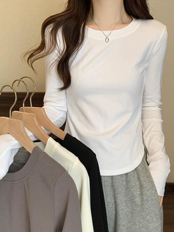 乐天商城 - トップス 女性用 長袖 Tシャツ 綿 春夏 秋冬 切り替え アシンメトリー ハイウエスト 収縮 スリム インナー ブラウス 伸縮性 通勤 普段使い 軽量 吸湿速乾