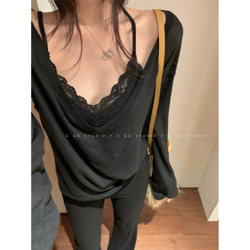Women's Clothing - レディース 長袖Tシャツ トップス 微透 大Vネック 春秋 秋冬 気質 女性用 優しい 純欲 インナー 伸縮性 吸湿速乾 軽量 綿素材 ブラック ピンク系 アイボリー ビッグシルエット 普段使い 通勤用 カジュアル 女性上衣