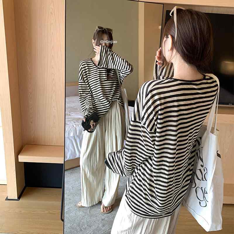 T-Shirts - Tシャツ 女性用 夏 長袖 防晒 薄手 綿素材 ゆったり ロング丈 慵懒 ルーズフィット トップス ブラウス 接触冷感 吸湿速乾 軽量 ストライプ柄 ビーチウェア カジュアル 日常使い