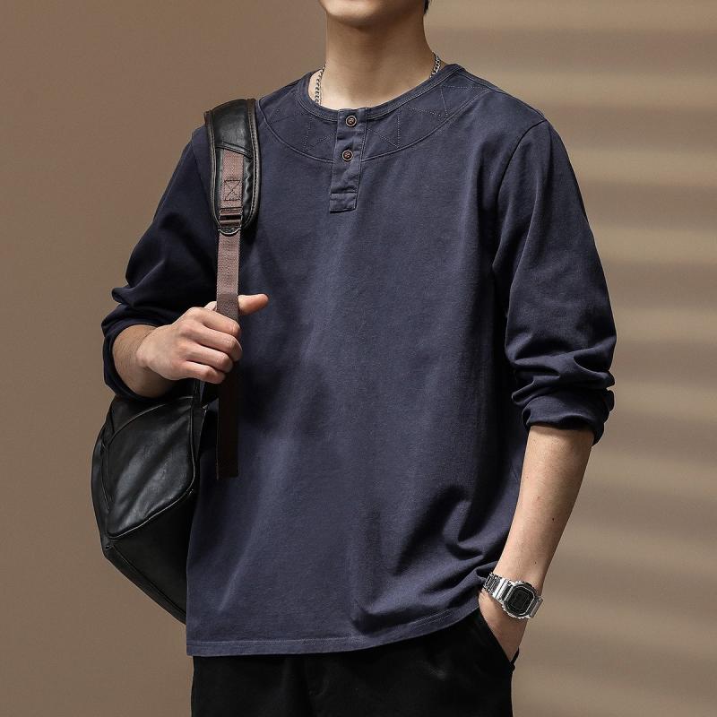 メンズ 長袖Tシャツ ヘンリーネック 春 復古 デザイン 純綿 素材 硬漢 スタイル 打底 トップス 上衣 軽量 通勤用 普段使い ビッグシルエット ブラック グレー アイボリー カジュアル 吸湿速乾 伸縮性