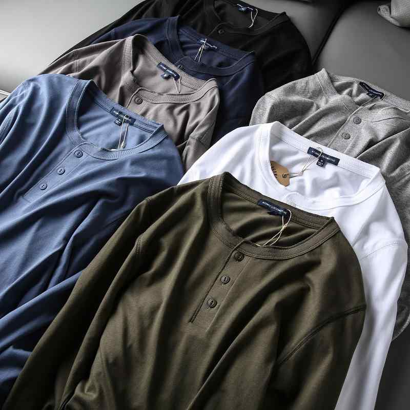 T-Shirts - メンズ 長袖Tシャツ ヘンリーネック トップス 純棉 綿素材 水洗加工 復古 男士用 ユニセックス 普段使い 伸縮性 通勤対応 ライトウェイト ブラック系 カジュアル レイヤード