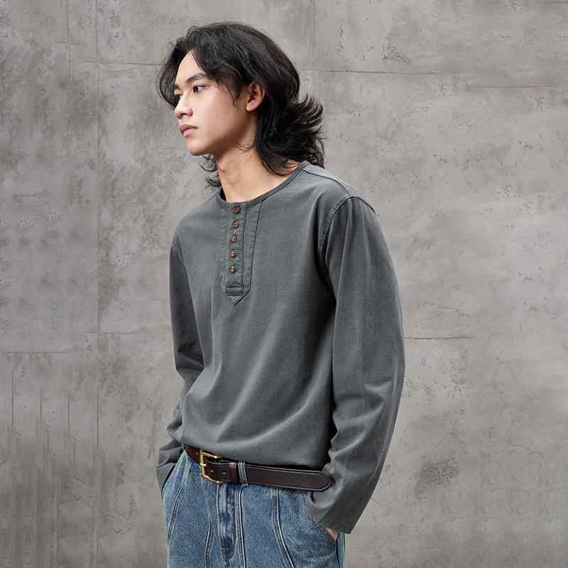 メンズ 長袖 Tシャツ 秋 トップス ビッグサイズ ストリートファッション アメリカンスタイル ゆったり フィット カジュアル ヘンリーネック インナー コットン 吸湿速乾 伸縮性 ブラック グレー ネイビー 通勤 普段使い アウトドア