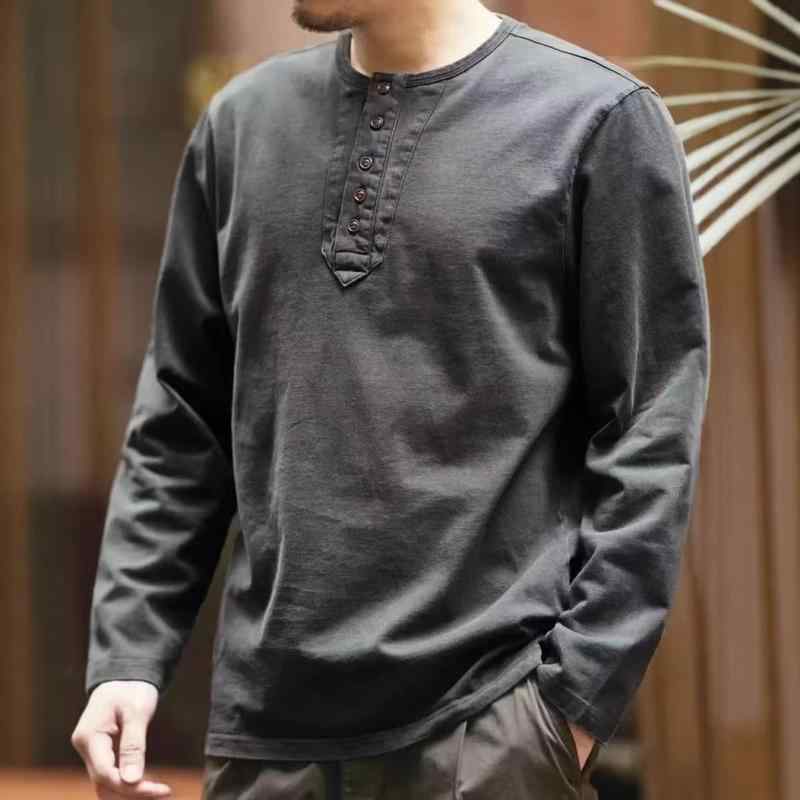 乐天商城 - メンズ 長袖Tシャツ ヘンリーネック ゆったりシルエット ビンテージ ウォッシュ加工 コットン素材 春夏 秋冬 通勤 普段使い アウトドア 吸湿速乾 軽量 トップス インナー ビッグサイズ カジュアル