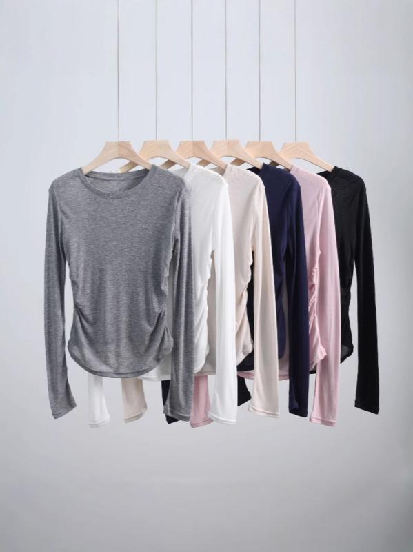 T-Shirts - 長袖トップス 女性用 春夏 プリーツデザイン 修身シルエット 伸縮性素材 接触冷感 軽量 吸湿速乾 かわいい 普段使い 通勤用 ビッグシルエット Vネック カジュアル ブラック ピンク系 アイボリー デニム調 綿混 再生繊維 ファッション 上品 シンプル