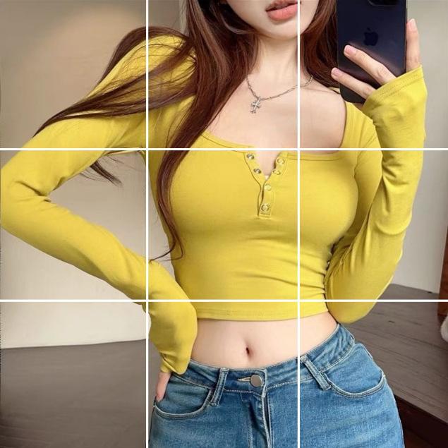 T-Shirts - トップス レディース 秋 かわいい 黄色 長袖 Tシャツ 修身 打底 ドルマカラーズ 接触冷感 再生繊維 軽量 伸縮性 Vネック ショート丈 普段使い 部屋着