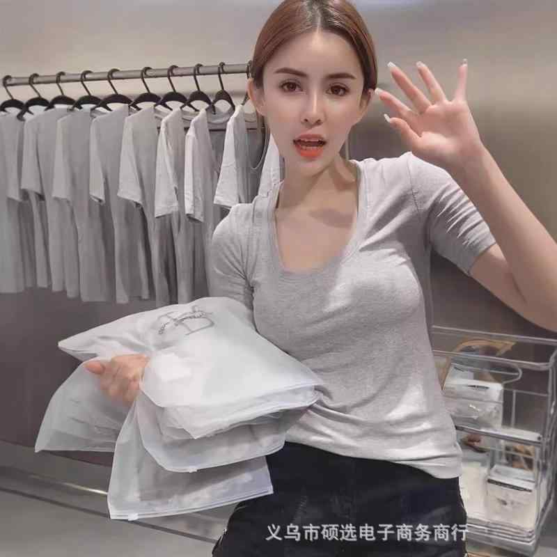 Tシャツ レディース 短袖 修身 春夏 かわいい 韓国 スパイシー スタイリッシュ トップス 卵型襟 スリムフィット ボディコンシャス コットン混 軽量 吸湿速乾 通勤 普段使い デイリー ブラック ピンク系 アイボリー グレー ネイビー ホワイト ベ