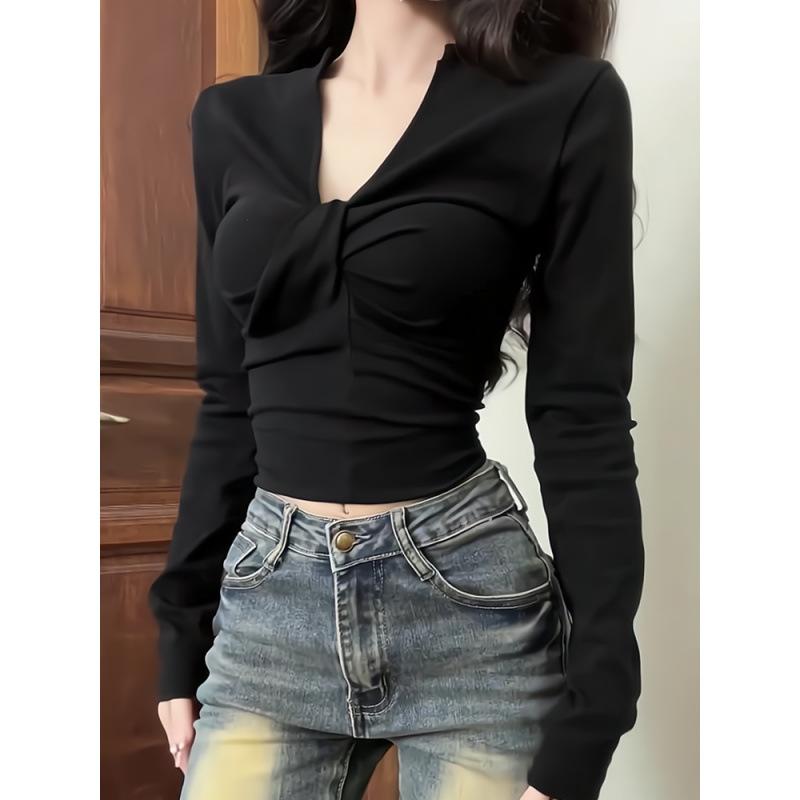 Other - レディース ブラック Vネック 長袖 Tシャツ トップス 春夏 デザイン性 小众 ウエスト切り替え 修身 スリムフィット 別致 短め 上着 潮 かわいい 伸縮性 コットン混 普段使い 通勤 カジュアル 軽量 吸湿速乾