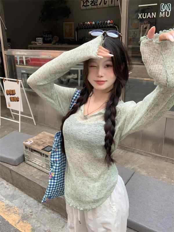 Three-Quarter - カットソー 女性用 春夏 長袖 Vネック 防晒 ゆったり ファッション カジュアル 軽量 吸湿速乾 接触冷感 再生繊維 日常使い 多用途 トップス ブラウス ピンク系 アイボリー ブラック ネイビー グレー ビッグシルエット シンプル チック