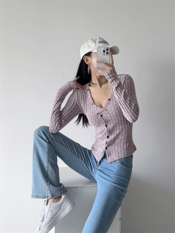 レディース トップス ニットセーター 秋冬 春秋 切り替え Vネック ツイスト クロス シングルボタン ストライプ 修身 フィット インナー シャツ 長袖 伸縮性 吸湿速乾 普段使い 通勤 軽量 ブラック グレー ベージュ カジュアル レイヤード