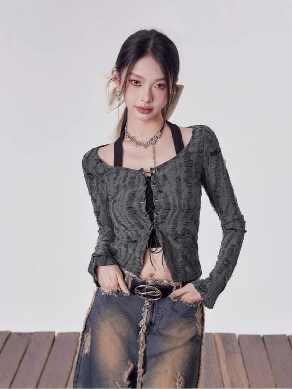 Rakuten - レディース Tシャツ トップス アメリカン レトロ Uネック 長袖 デザイン性 ニッチ ボディコン スリム フェイクツーピース ハンギングネック 伸縮性 コットン 混紡 普段使い カジュアル ブラック グレー 春夏 秋冬