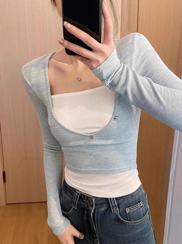 乐天商城 - トップス 女性用 長袖 Uネック フェイクツーピース 修身 ビッグサイズ コットン 切り替え 接触冷感 トップス ピンク系 ブラック グレー 秋 普段使い 伸縮性 吸湿速乾 軽量 インナー レイヤード スタイル