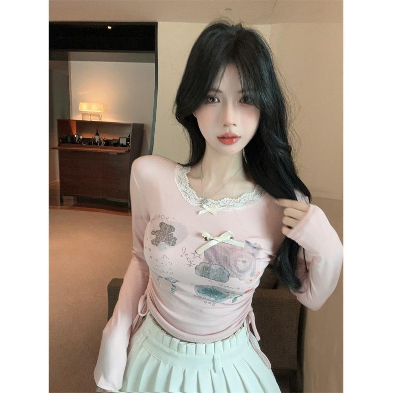 Garments - 長袖Tシャツ 女性用 秋冬 かわいい ピュアスタイル スパイシーガール 短丈 トップス ボディライン強調 レース インナー シャツ 切り替え デザイン 伸縮性 素材 軽量 部屋着 通勤用 普段使い ブラック ピンク系 アイボリー