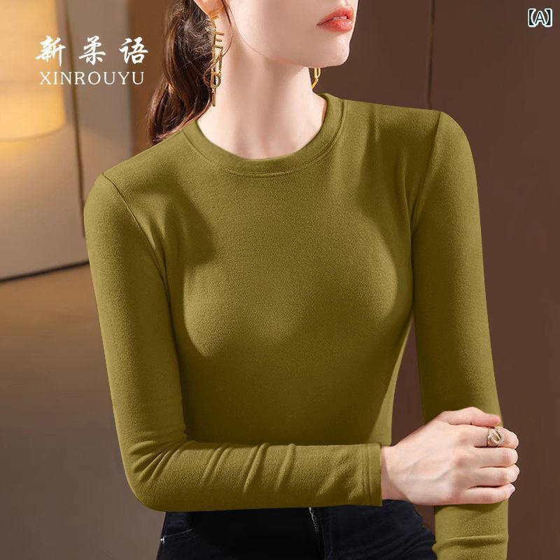 Rakuten - 長袖トップス 女性用 ラウンドネック デニールフリース シンプル インナー 正肩 Tシャツ 秋冬 秋 女性 通勤 ユニセックス ソリッドカラー スリムフィット 暖か 厚手 コットン混 伸縮性 接触冷感