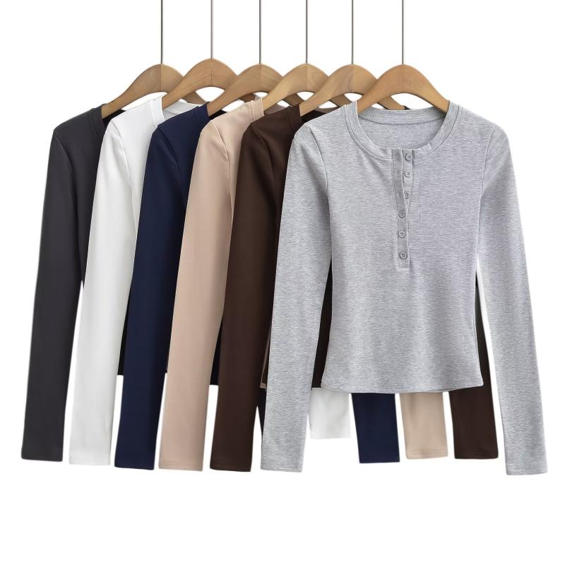 Rakuten - 長袖Tシャツ レディース 秋冬 暖かフリース加工 ボタン切り替え トップス インナー 暖か素材 コットン混 ブラック グレー 普段使い 通勤 カジュアル 伸縮性 柔らかい 軽量