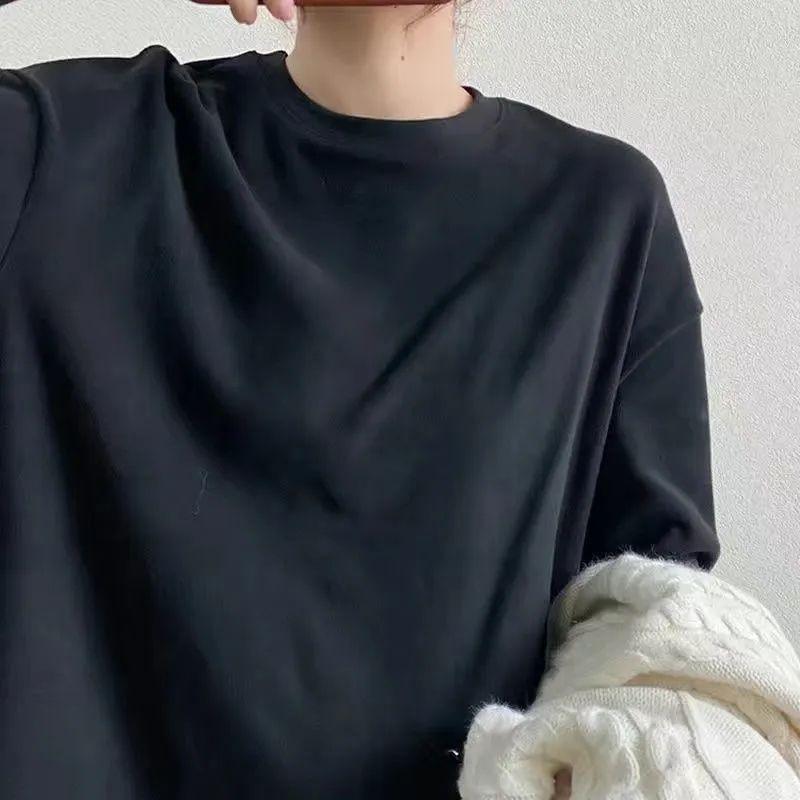 トップス 女性用 長袖 白色 暖か 加厚 保暖 デュアルフェイス デニム ラウンドネック ルーズフィット ミドルレングス Tシャツ インナー 秋冬 ふわふわ 接触冷感 吸湿速乾 コットン混 部屋着 普段使い
