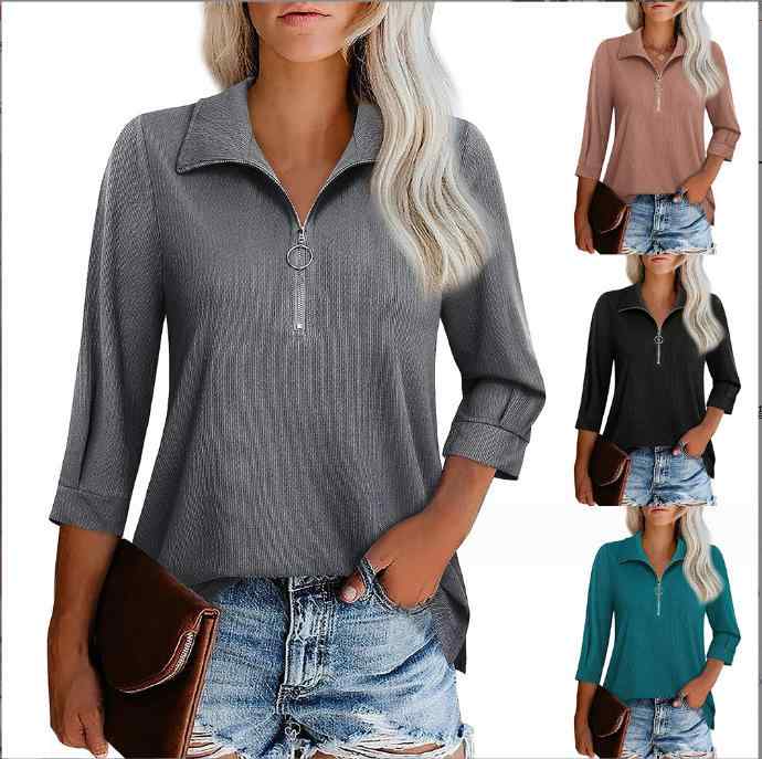 樂天商城 - レディース Vネック 半袖 トップス ジップアップ シャツ 女性用 Tシャツ 伸縮性 綿混 トップス ビッグシルエット 普段使い 通勤用 軽量 カジュアル ブラック グレー ピンク系 アイボリー 春夏 秋 ウィンター