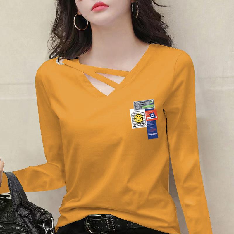 長袖Tシャツ 女性用 春夏 ゆったり インナー 打底 トップス 洋気 Vネック 百搭 上...