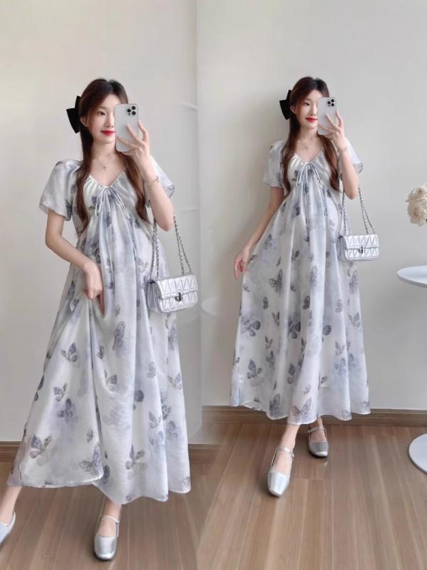 ワンピース レディース 春夏 マタニティ 大きいサイズ 体型カバー ゆったり 妊婦服 ロング丈 オフショルダー Vネック 水墨画柄 蝶々柄 フェミニン 甘め エレガント きれいめ お出かけ用 普段着 体系カバー 細見え 着痩せ お腹周りカバー 接触冷感素