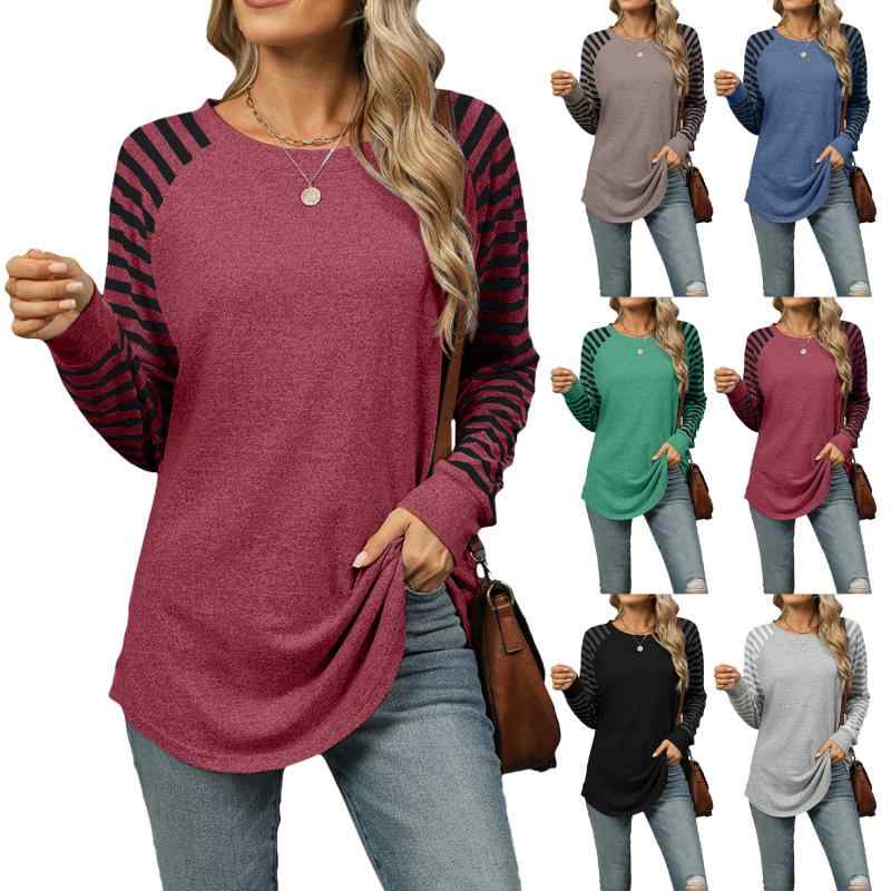 Rakuten - トップス 女性用 秋冬 長袖 燕尾 ストライプ 切り替え 丸首 Tシャツ ブラウス トップス コットン混 ゆったりシルエット 通勤 普段使い 暖か素材 柔らかい肌触り ベーシックスタイル レイヤード コーディネート