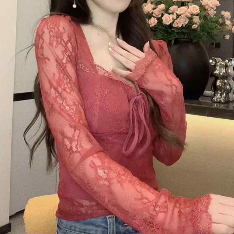 Garments - トップス レディース 赤 レース リボン ウエスト切り替え 長袖 Vネック 修身 スリム かわいい 短丈 ティーシャツ コットン 伸縮性 通勤 普段使い 秋冬
