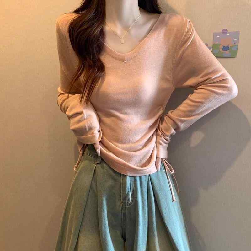 Tシャツ レディース 春夏 純色 Vネック 鎖骨見せ ドローストリング スリムフィット ゆったりカジュアル インナー 長袖 トップス 綿混 吸湿速乾 ストレッチ 通勤 普段使い ブラック ホワイト グレー ピンク系