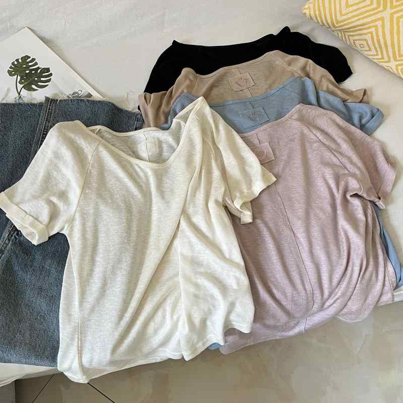 Tシャツ 女性用 夏 接触冷感 短袖 トップス かわいい 笑顔刺繍 微透 肌触り良い 後背貼布 シンプル ゆったりシルエット ロールアップ袖 インナー 吸湿速乾 コットン混 ベーシック 普段使い 軽量 通勤 カジュアル