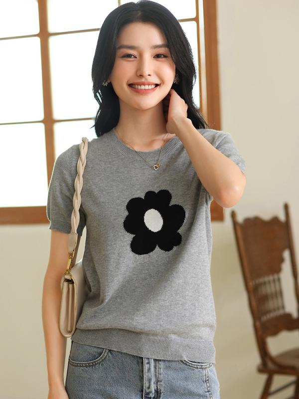 Rakuten - Tシャツ レディース 春夏 女性用 薄手 綿 素材 丸首 デザイン 太陽花 プリント 気質 スタイル ゆったり シルエット 百搭 コーデ 短袖 トップス ニット カットソー 軽量 吸湿速乾 通勤 普段使い かわいい 花柄