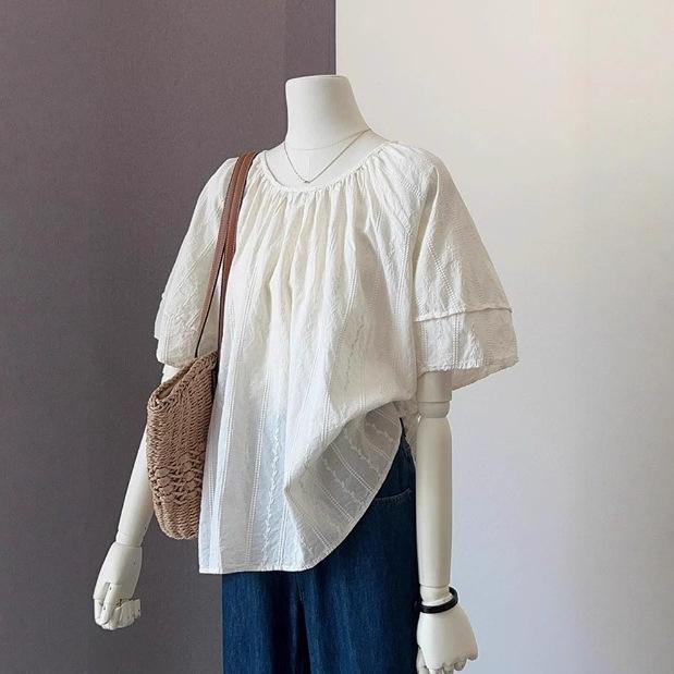 乐天商城 - トップス 女性用 法式 復古 ベージュ ラウンドネック インナー コットン リネン 刺繍 短袖 トップス 軽量 通気性 春夏 普段使い カジュアル かわいい 刺繍 ビッグシルエット 吸湿速乾