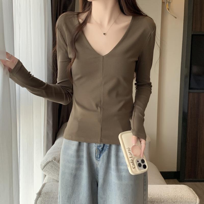 Other - Vネック トップス 女性用 秋冬 修身 スリム ショルダーパッド 鎖骨 ロングスリーブ Tシャツ インナー レイヤード フィット スタイリッシュ コットン混 吸湿速乾 ブラック グレー