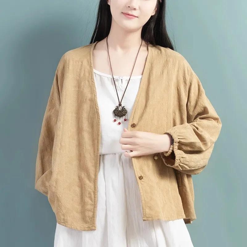 七分袖 - カーディガン 女性用 春夏 綿麻 織り柄 開き トップス 色 Tシャツ ロングスリーブ 羽織り ゆったり スリム バットスリーブ ロングスリーブ ジャケット 接触冷感 軽量 吸湿速乾 カジュアル 普段使い 部屋着 伸縮性 高級感 ベーシック アイボリー