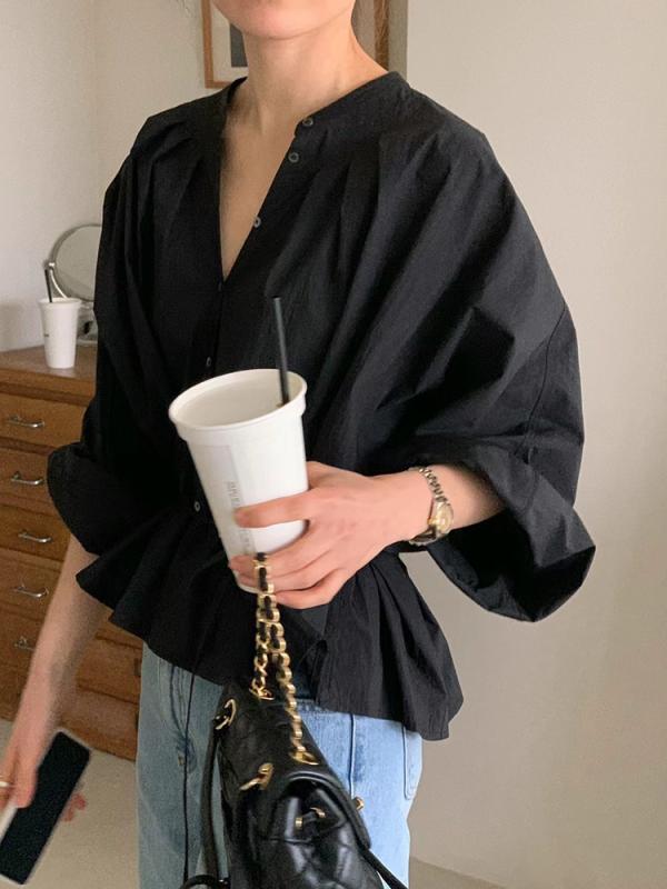 Other - 春夏 レディース 蝙蝠袖 収腰 ブラウス シャツ トップス 単排扣 系帯 デザイン 純色 女性用 軽量 伸縮性 吸湿速乾 通勤用 普段使い かわいい シルエット ブラック ピンク系 アイボリー ビッグシルエット Vネック 綿 麻 再生繊維 接触冷感 高級