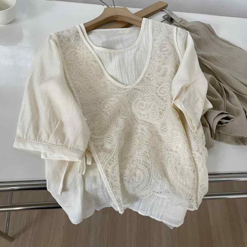 Blouses - シャツ レディース 短袖 偽ツー ピース レース トップス 春夏 温かみ 気品 洋気 かわいい ブラウス 女性用 軽量 綿混 ソフト素材 通勤 普段使い フェミニン スタイル ベーシック デザイン 柔らかい 着心地