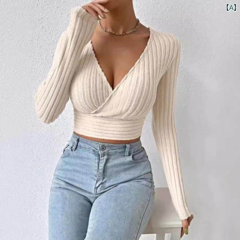 乐天商城 - Tシャツ レディース 秋冬 ショート丈 セクシー 深Vネック フィット ロングスリーブ トップス 女性用 修身 スパイシー スタイル 欧美 吸湿速乾 伸縮性 軽量 ブラック ピンク系 アイボリー 普段使い 通勤用 アウトドア 再生繊維