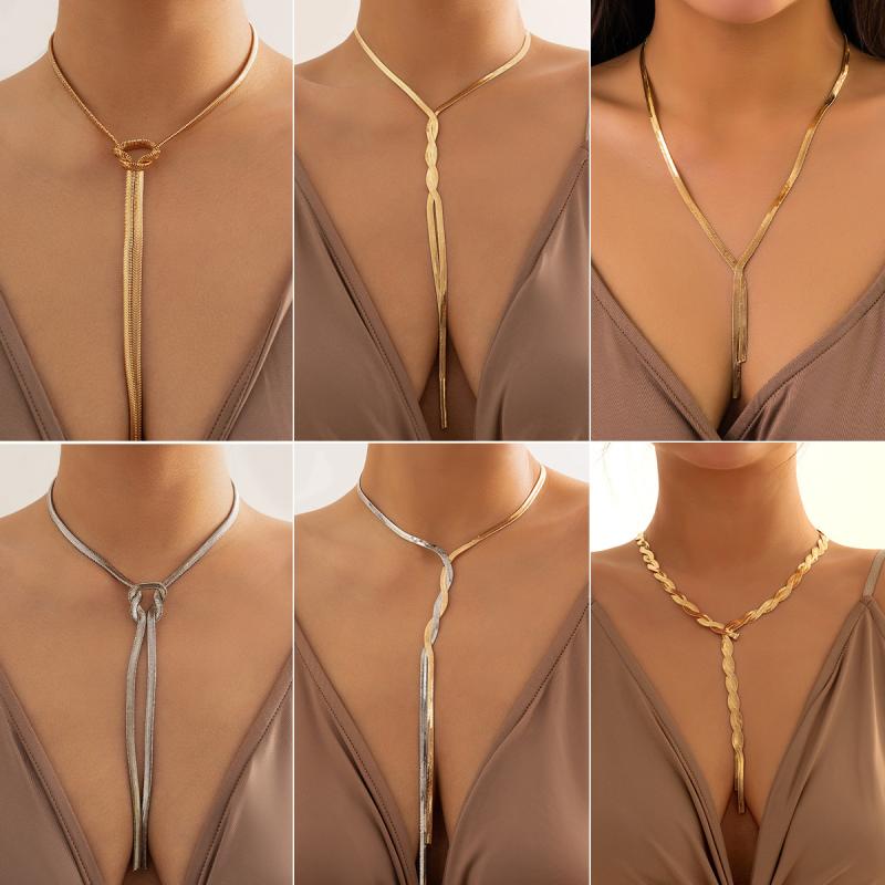 ネックレス ヒップホップ メタル 蛇骨チェーン ジオメトリック ロング 編み込み 鎖骨 アクセサリー シルバー ゴールド スタイリッシュ レイヤード 普段使い 軽量 ファッション ジュエリー